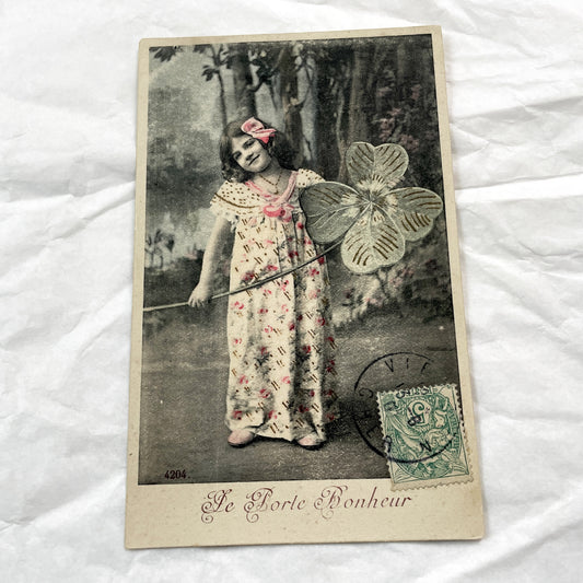1900s - Antique French Hand Tinted Postcard - Lucky Charm Little Girl - Four Leaf Clover Symbolism - Unique Collectible Ephemera