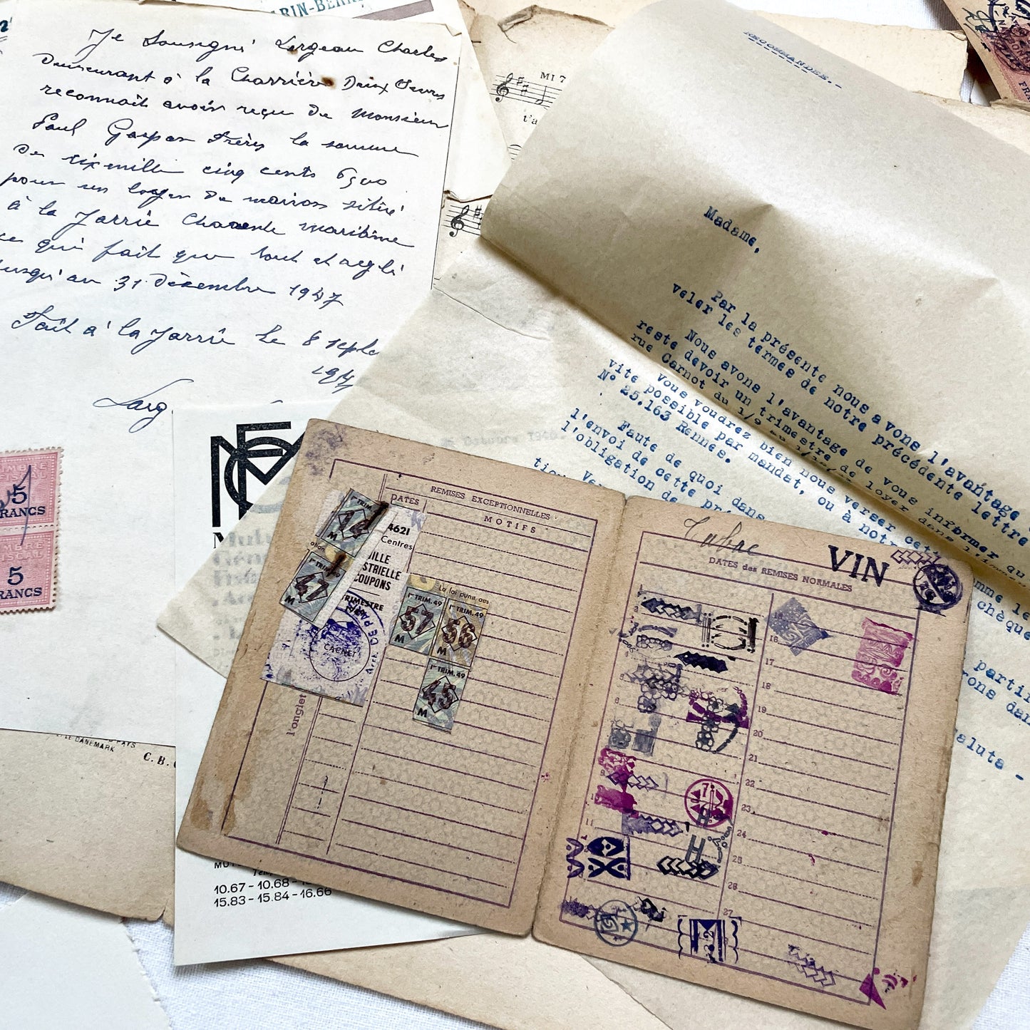 1940s - French WWII Era Ephemera - Vintage Documents Lot - Historical Paper Collection - Letters - Invoices - Postcards - Photos