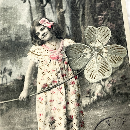 1900s - Antique French Hand Tinted Postcard - Lucky Charm Little Girl - Four Leaf Clover Symbolism - Unique Collectible Ephemera