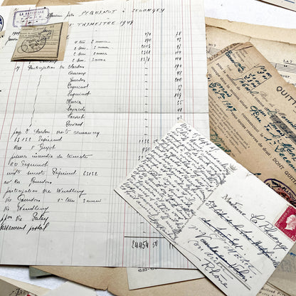 1940s - French WWII Era Ephemera - Vintage Documents Lot - Historical Paper Collection - Letters - Invoices - Postcards - Photos