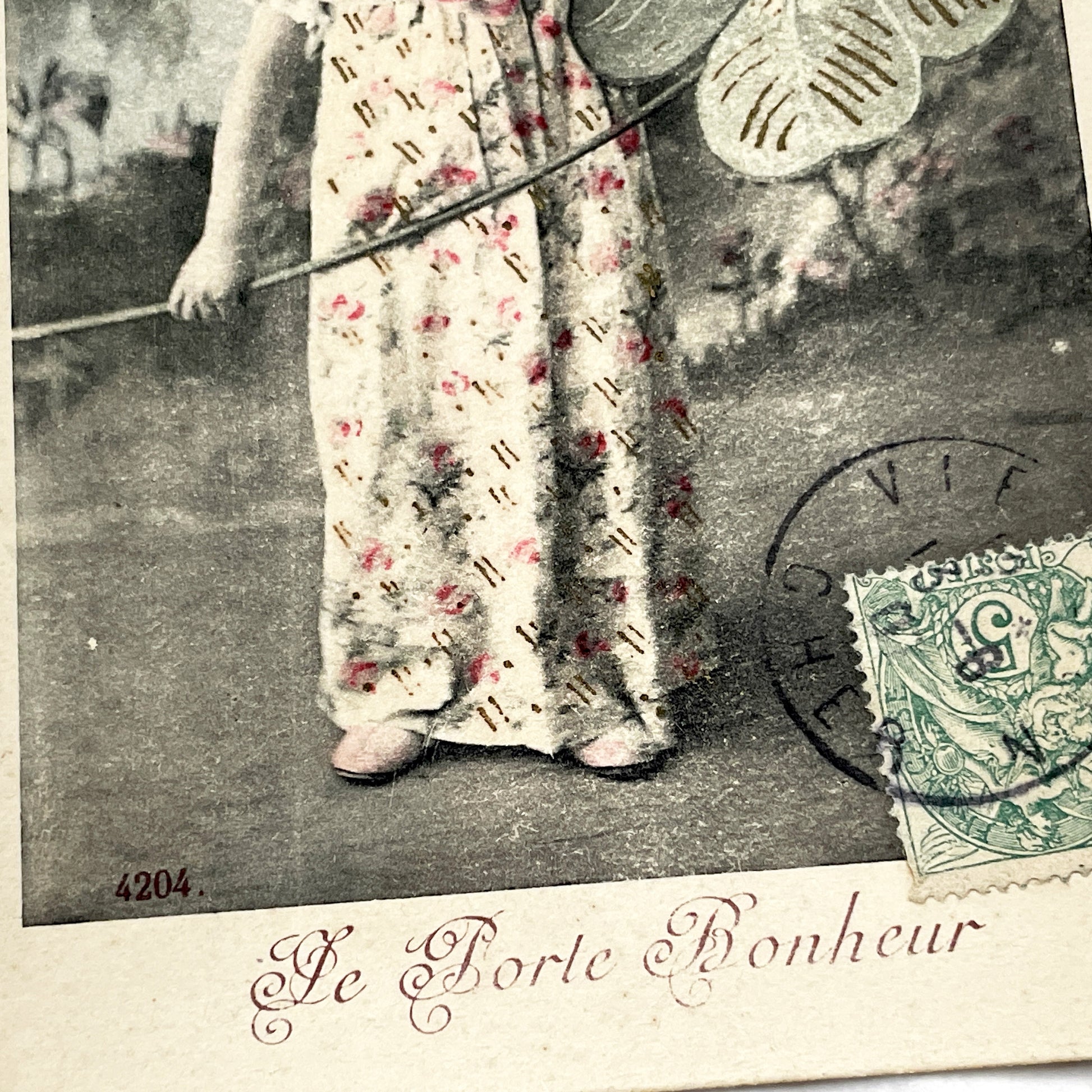 1900s - Antique French Hand Tinted Postcard - Lucky Charm Little Girl - Four Leaf Clover Symbolism - Unique Collectible Ephemera