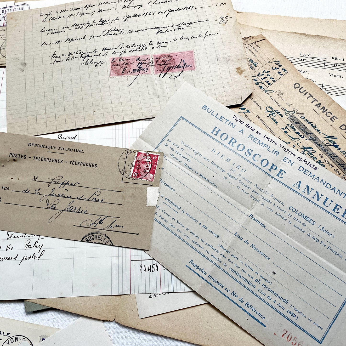 1940s - French WWII Era Ephemera - Vintage Documents Lot - Historical Paper Collection - Letters - Invoices - Postcards - Photos