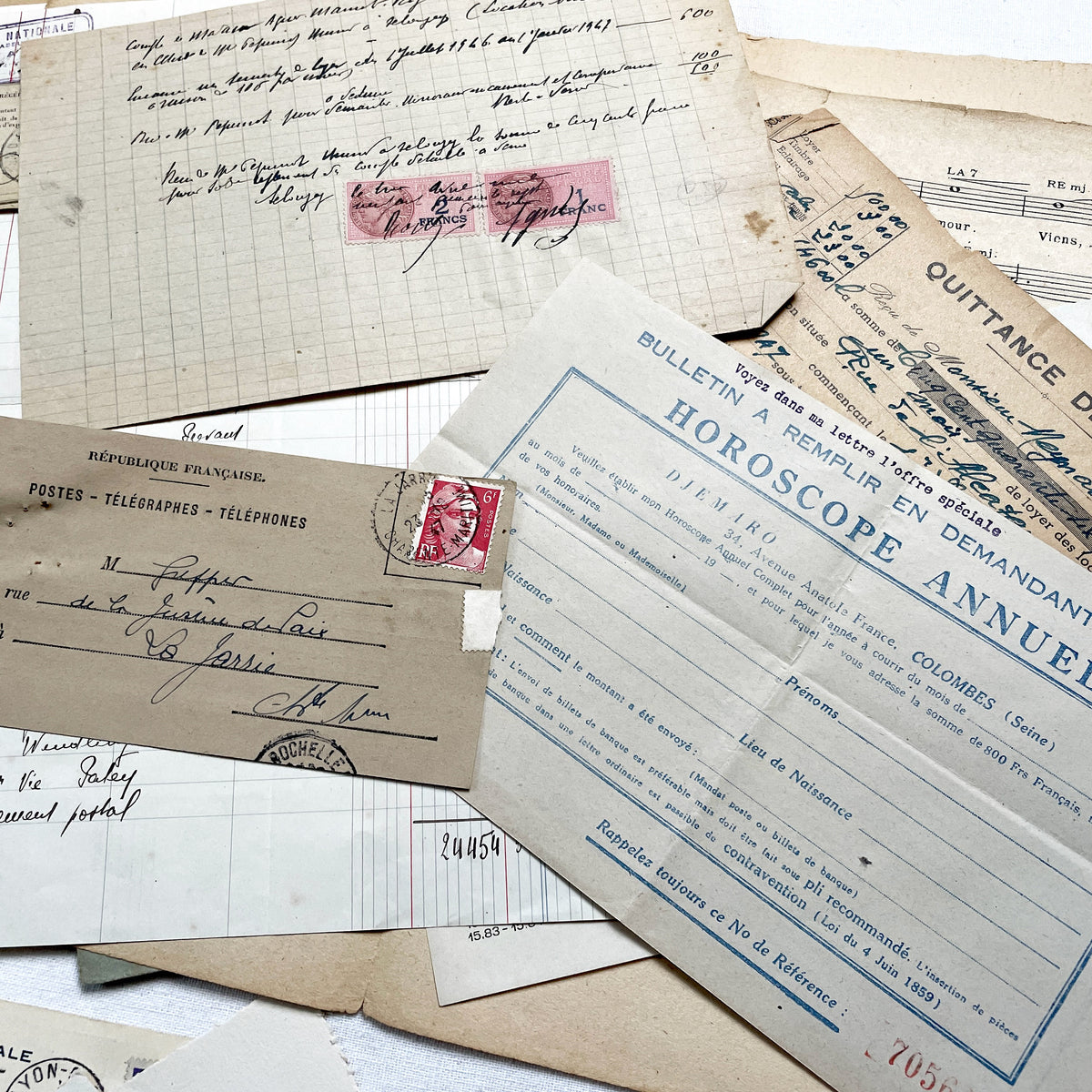 1940s - French WWII Era Ephemera - Vintage Documents Lot - Historical Paper Collection - Letters - Invoices - Postcards - Photos