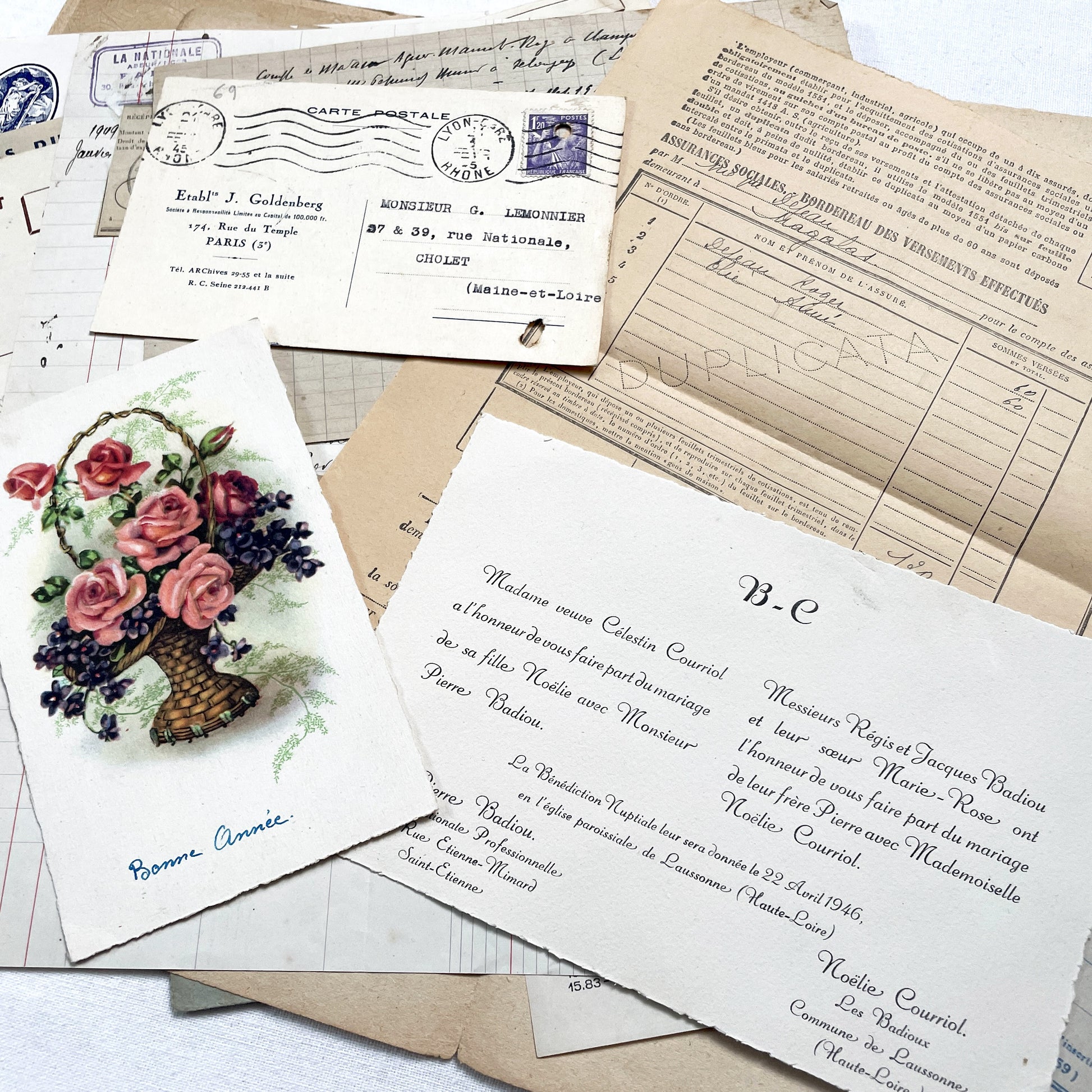1940s - French WWII Era Ephemera - Vintage Documents Lot - Historical Paper Collection - Letters - Invoices - Postcards - Photos