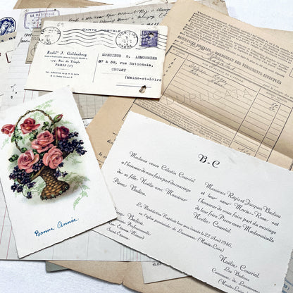 1940s - French WWII Era Ephemera - Vintage Documents Lot - Historical Paper Collection - Letters - Invoices - Postcards - Photos