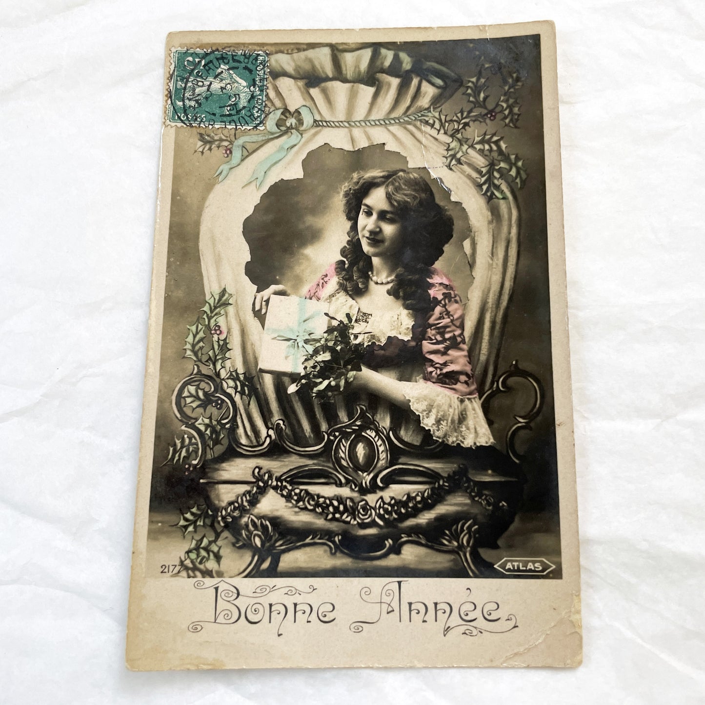 1900s - Antique French New Year Postcard - Elegant Woman with Gift - Holly Berries - Art Nouveau Style Greeting Card - Collectible Ephemera