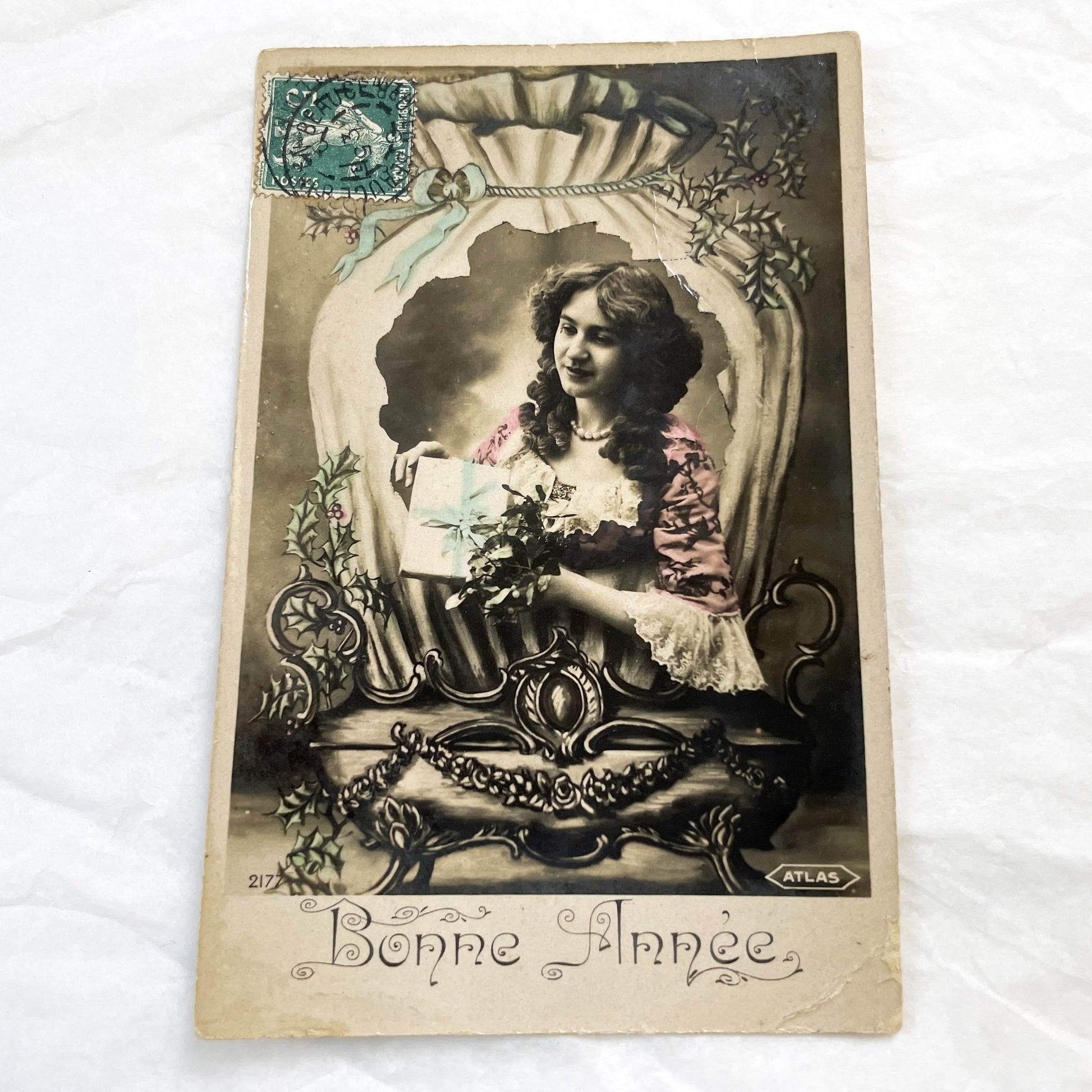 1900s - Antique French New Year Postcard - Elegant Woman with Gift - Holly Berries - Art Nouveau Style Greeting Card - Collectible Ephemera