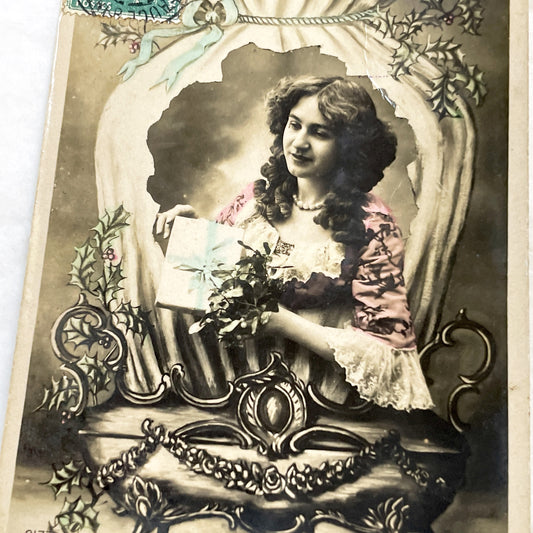 1900s - Antique French New Year Postcard - Elegant Woman with Gift - Holly Berries - Art Nouveau Style Greeting Card - Collectible Ephemera