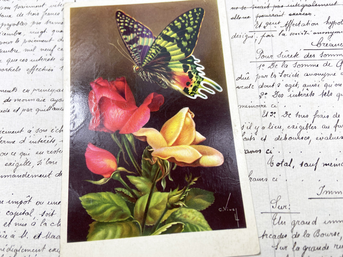 1950s - Vintage French Postcard - Butterfly And Roses Floral Art - Nature Beauty - Paper Ephemera - Collectible Antique Document