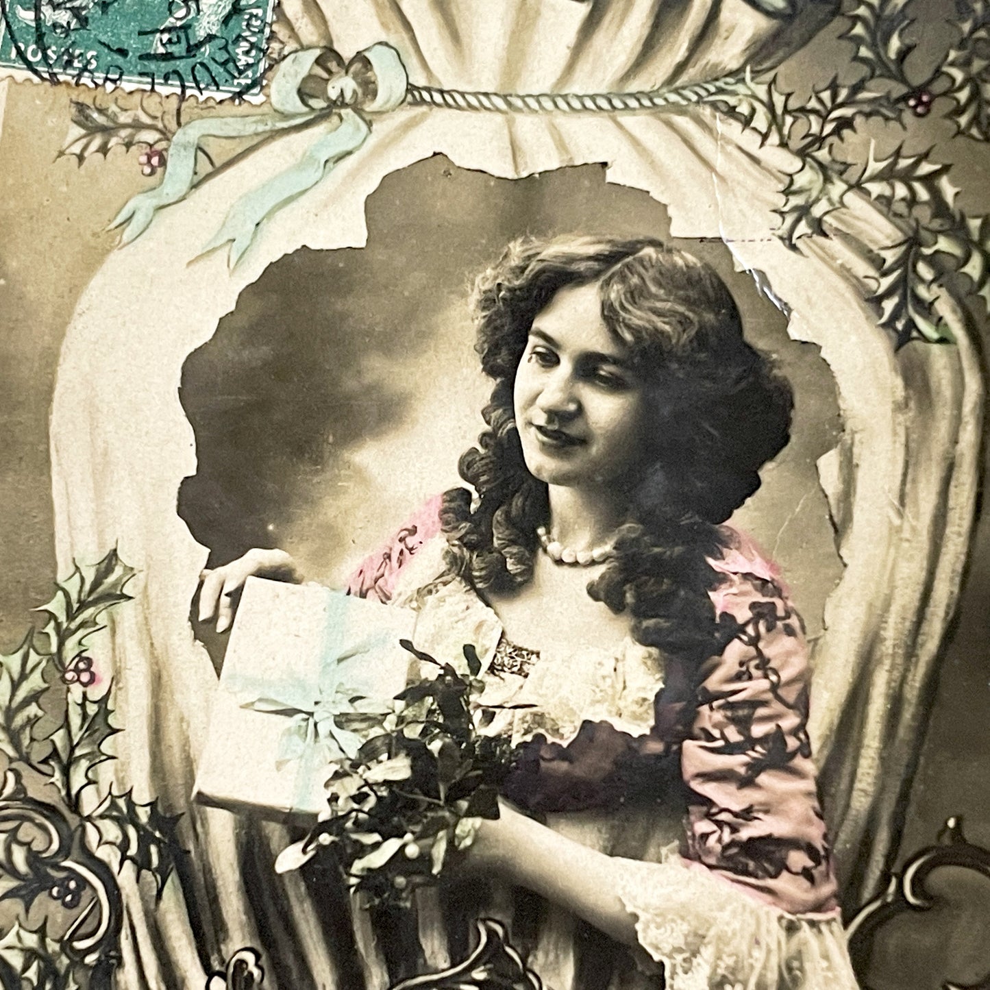 1900s - Antique French New Year Postcard - Elegant Woman with Gift - Holly Berries - Art Nouveau Style Greeting Card - Collectible Ephemera