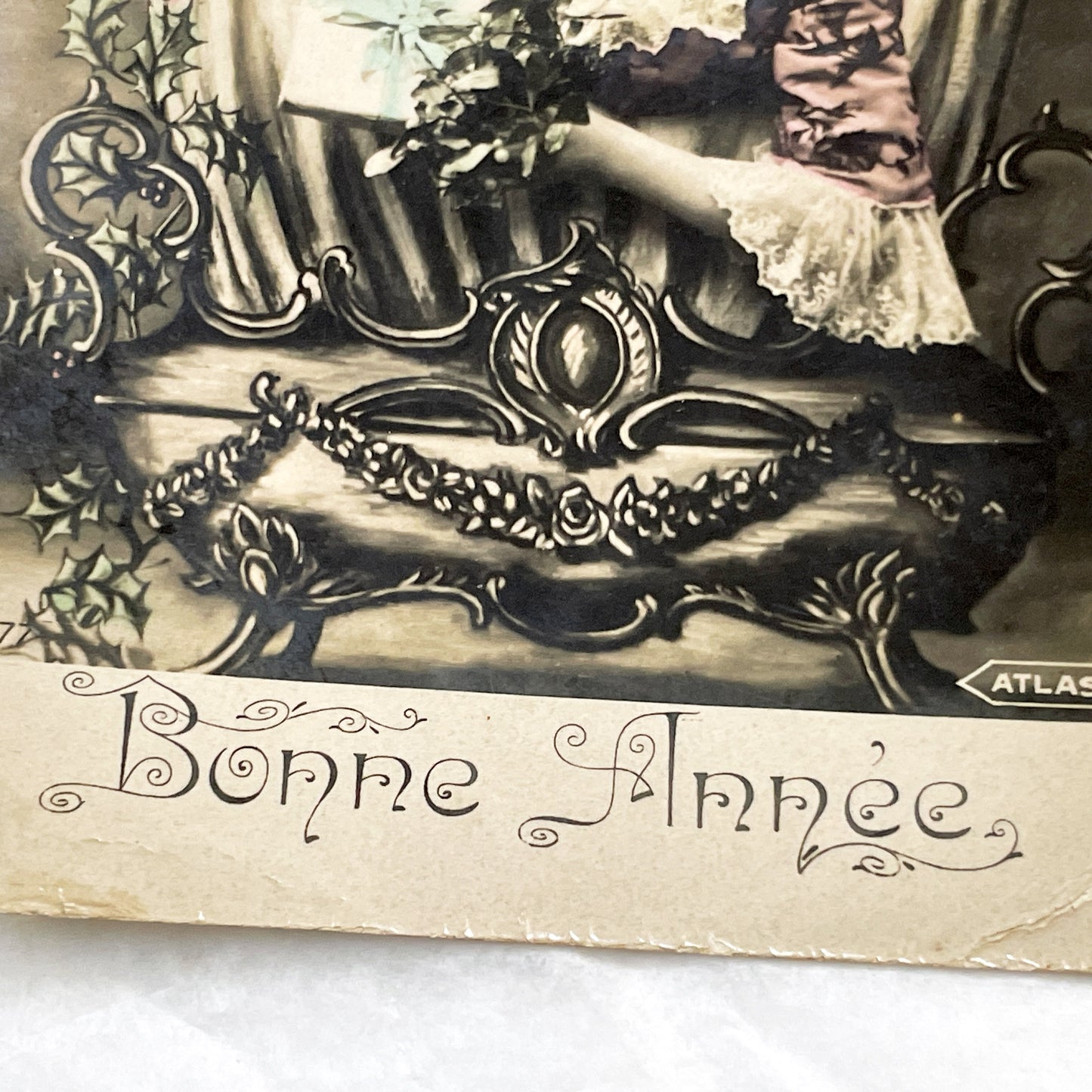 1900s - Antique French New Year Postcard - Elegant Woman with Gift - Holly Berries - Art Nouveau Style Greeting Card - Collectible Ephemera