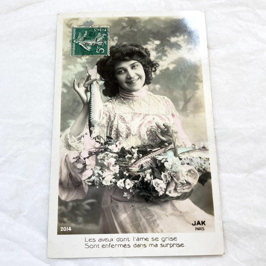 1910s - Antique French Postcard - Hand-Colored Woman With Fish & Flowers Basket - Poetic Verse - Belle Epoque Collectible - Vintage Ephemera