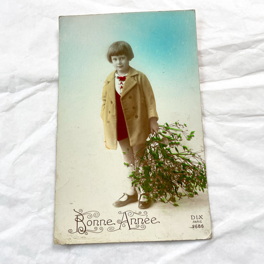 1910s - Vintage French Postcard - Young Boy Portrait with Foliage - Hand Colored Child Figure - Antique Bonne Annee Holiday Greeting Card