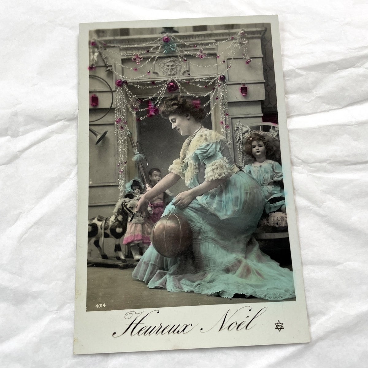 1900s - Antique French Christmas Postcard - Edwardian Lady with Rocking Horse & Dolls - Hand-Colored Holiday Festive Scene