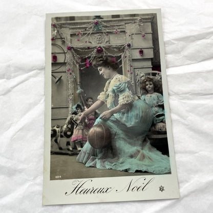1900s - Antique French Christmas Postcard - Edwardian Lady with Rocking Horse & Dolls - Hand-Colored Holiday Festive Scene