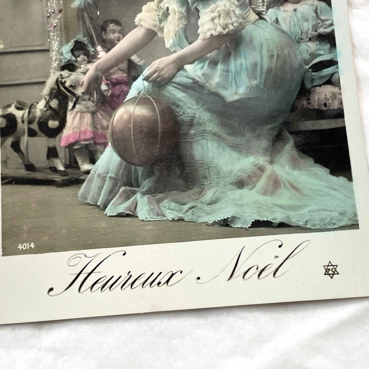 1900s - Antique French Christmas Postcard - Edwardian Lady with Rocking Horse & Dolls - Hand-Colored Holiday Festive Scene