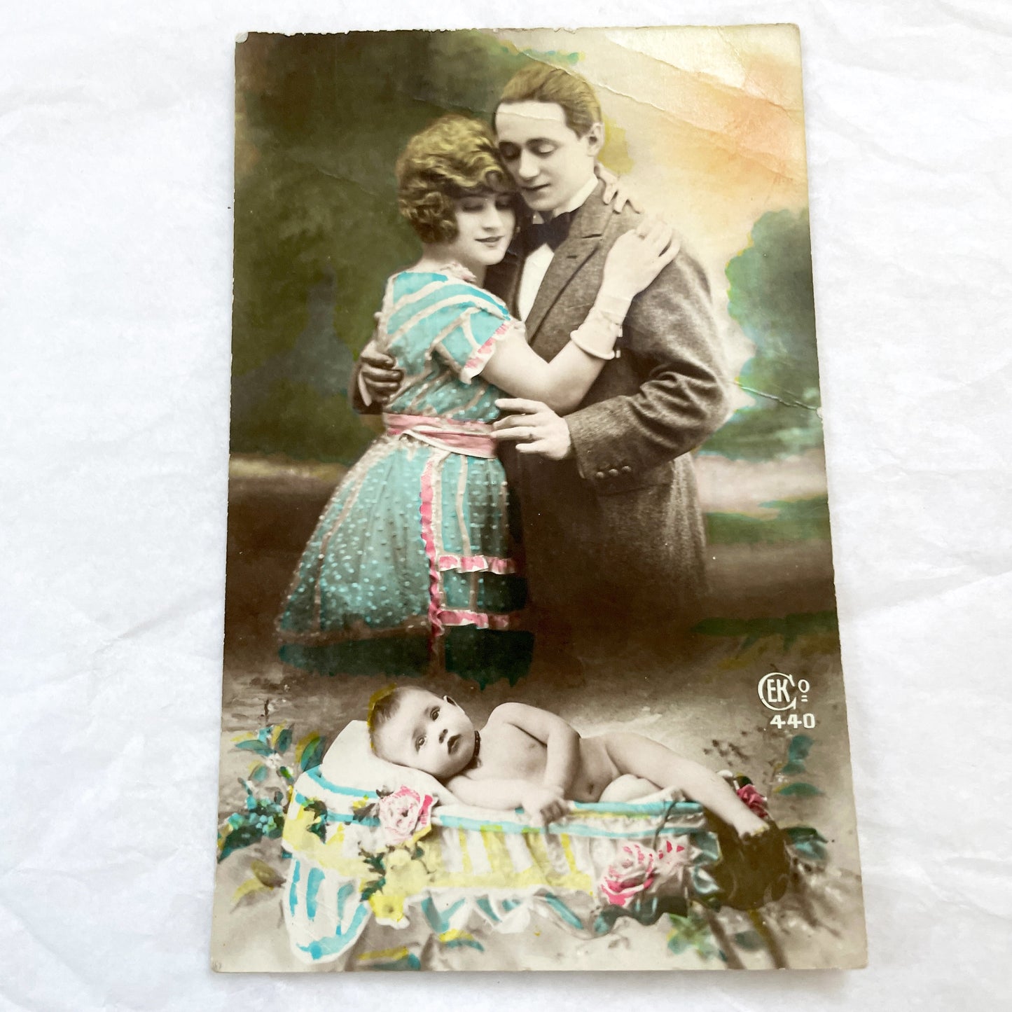 1910s - Vintage Hand Tinted Postcard - Romantic Embracing Couple & Baby - Old Love Family Motherhood Art - Collectible Ephemera