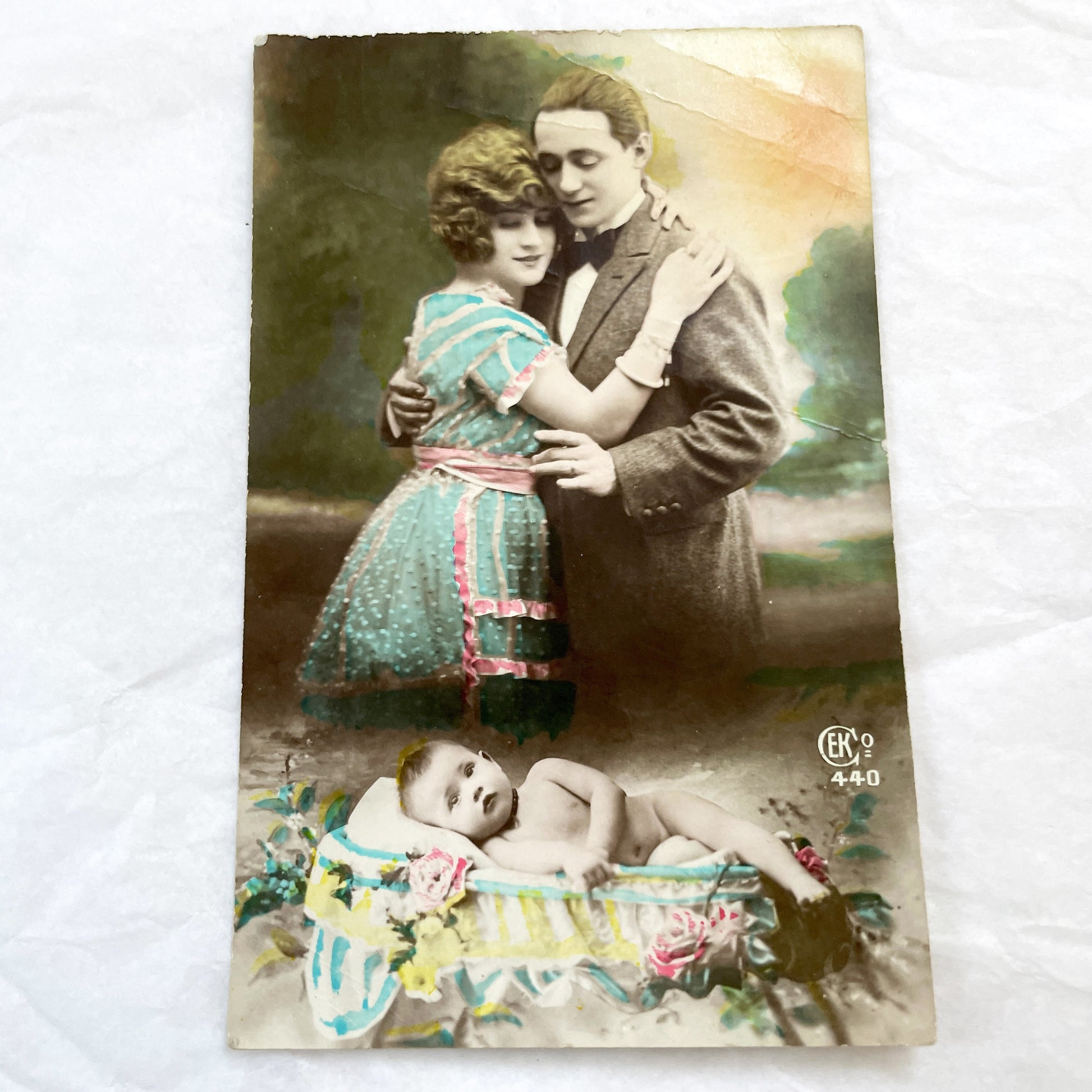 1910s - Vintage Hand Tinted Postcard - Romantic Embracing Couple & Baby - Old Love Family Motherhood Art - Collectible Ephemera