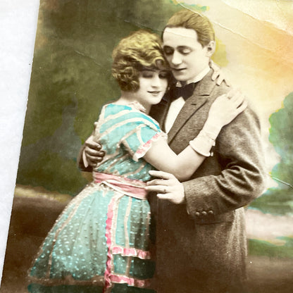 1910s - Vintage Hand Tinted Postcard - Romantic Embracing Couple & Baby - Old Love Family Motherhood Art - Collectible Ephemera