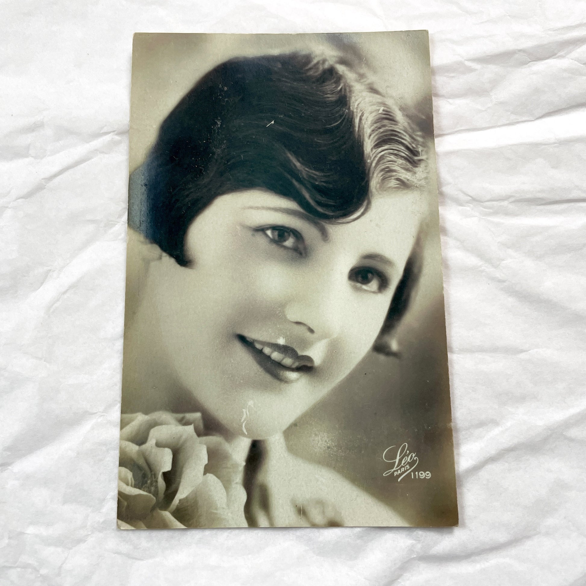 1920s - Vintage Photograph Postcard - Elegant Woman - Finger Wave Hairstyle - Rose - Leo Paris Studio Portrait - Art Deco Era Beauty