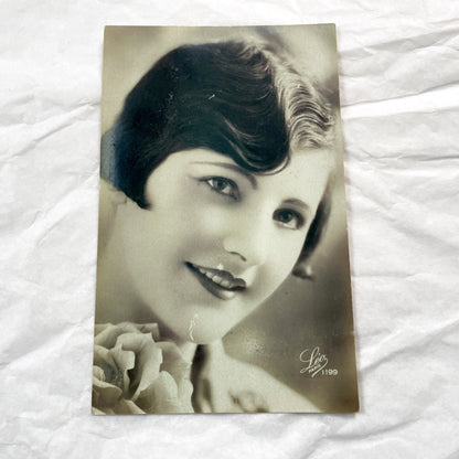 1920s - Vintage Photograph Postcard - Elegant Woman - Finger Wave Hairstyle - Rose - Leo Paris Studio Portrait - Art Deco Era Beauty