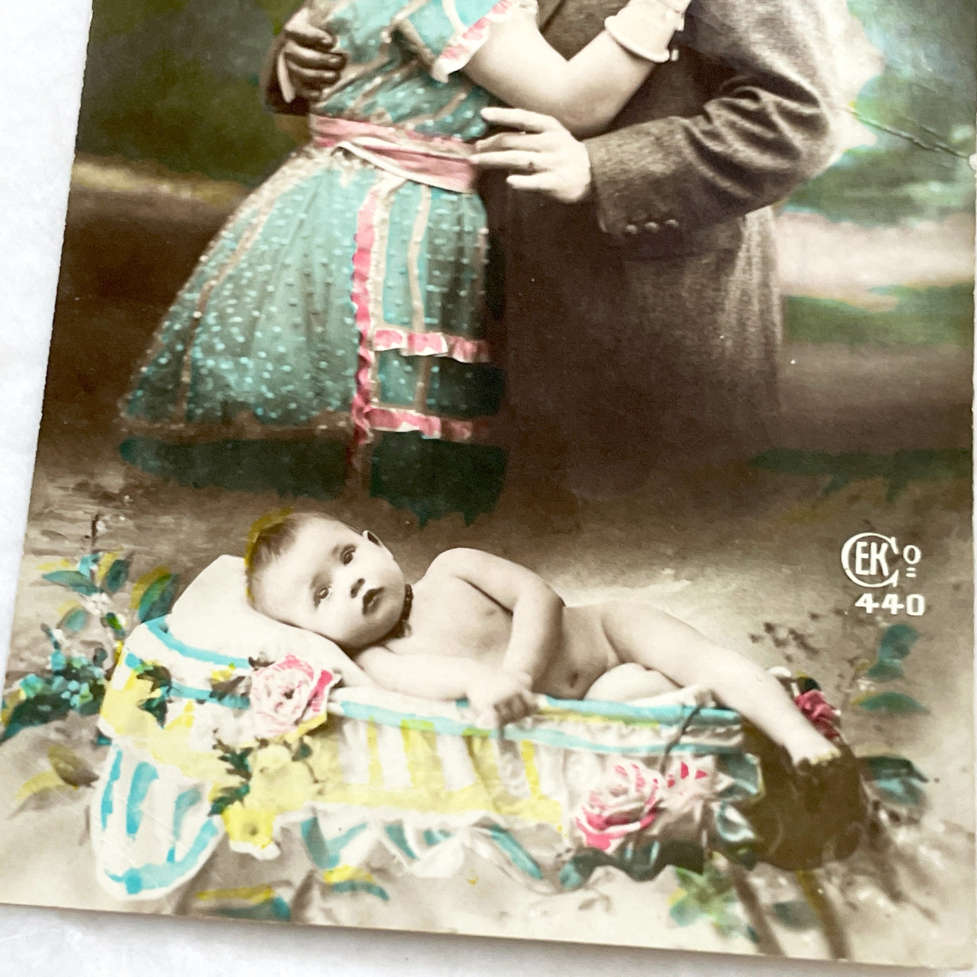 1910s - Vintage Hand Tinted Postcard - Romantic Embracing Couple & Baby - Old Love Family Motherhood Art - Collectible Ephemera