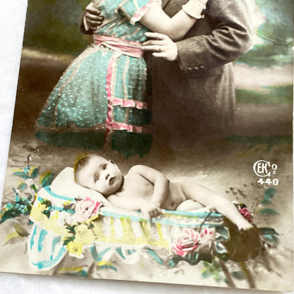 1910s - Vintage Hand Tinted Postcard - Romantic Embracing Couple & Baby - Old Love Family Motherhood Art - Collectible Ephemera