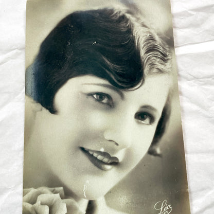 1920s - Vintage Photograph Postcard - Elegant Woman - Finger Wave Hairstyle - Rose - Leo Paris Studio Portrait - Art Deco Era Beauty