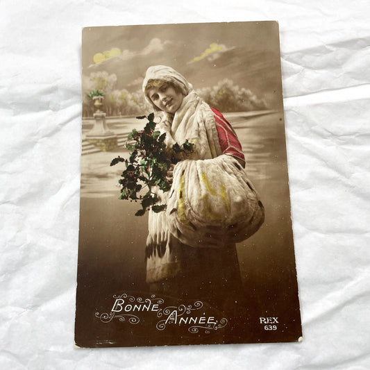 1900s - French New Year Postcard - Elegant Woman in Fur Coat - Hand-Colored Photo with Glitter Accents - Vintage Ephemera Collectible
