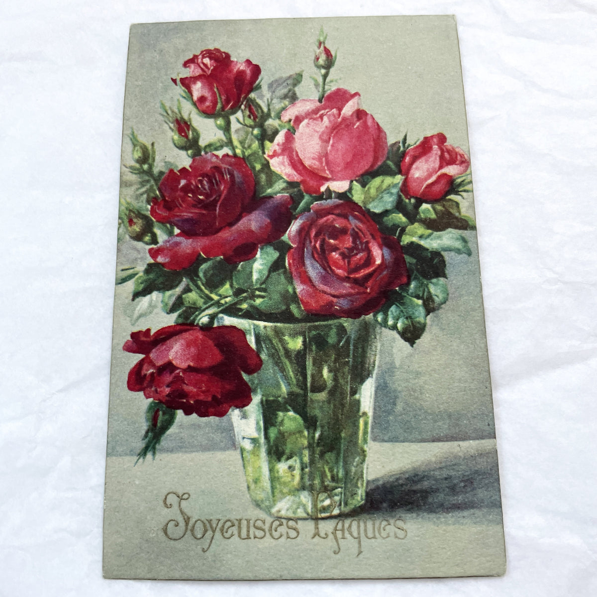 1900s - Antique English Easter Postcard - Vintage Floral Roses Vase Greeting Card - Collectible Ephemera - French Language Holiday Wish 