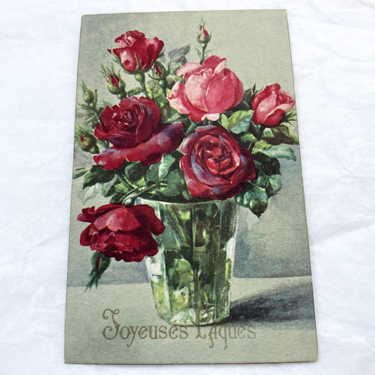 1900s - Antique English Easter Postcard - Vintage Floral Roses Vase Greeting Card - Collectible Ephemera - French Language Holiday Wish 