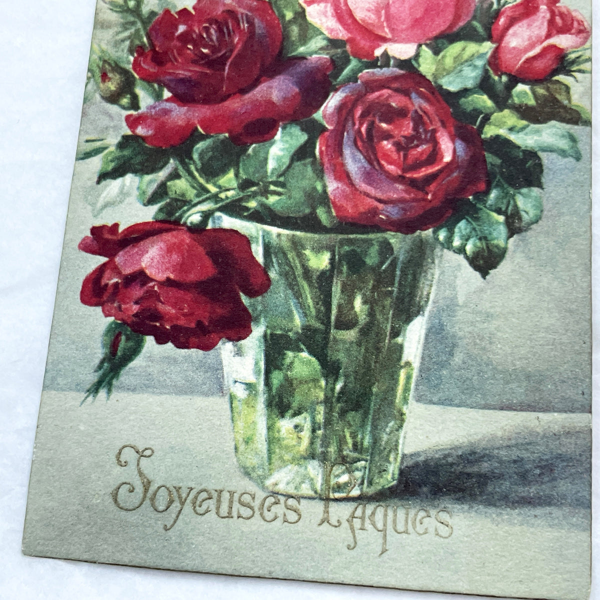 1900s - Antique English Easter Postcard - Vintage Floral Roses Vase Greeting Card - Collectible Ephemera - French Language Holiday Wish 