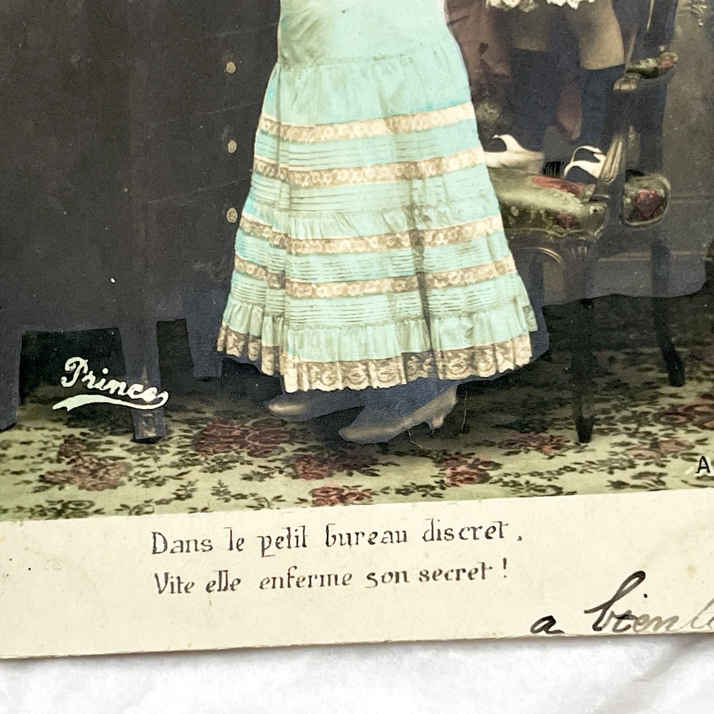 1900s - French Hand Colored Postcard - Young Woman Locking Secret in Discreet Cabinet - Charming Belle Epoque Genre Scene