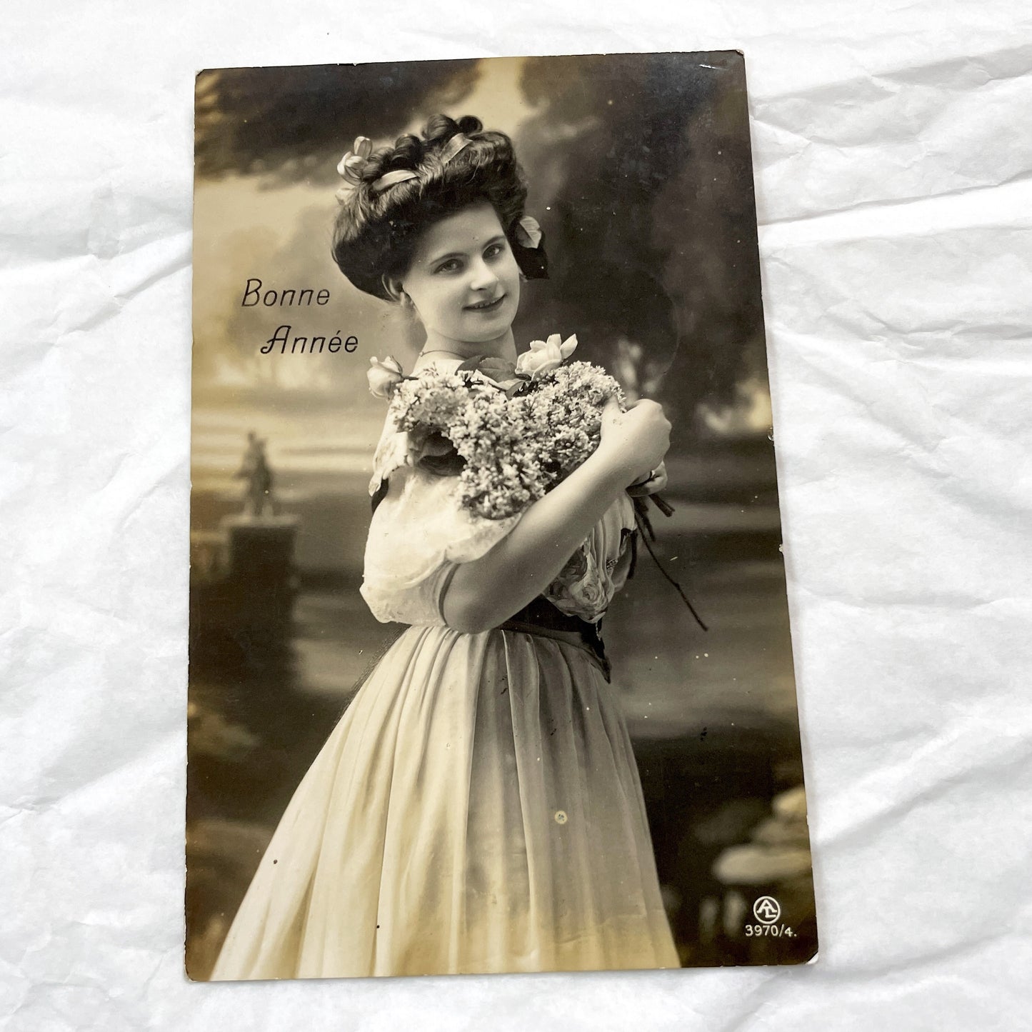 1910s - Vintage French Postcard - Elegant Woman - New Year Greeting Card - Sepia Tone - Floral Bouquet - Edwardian Era Charm