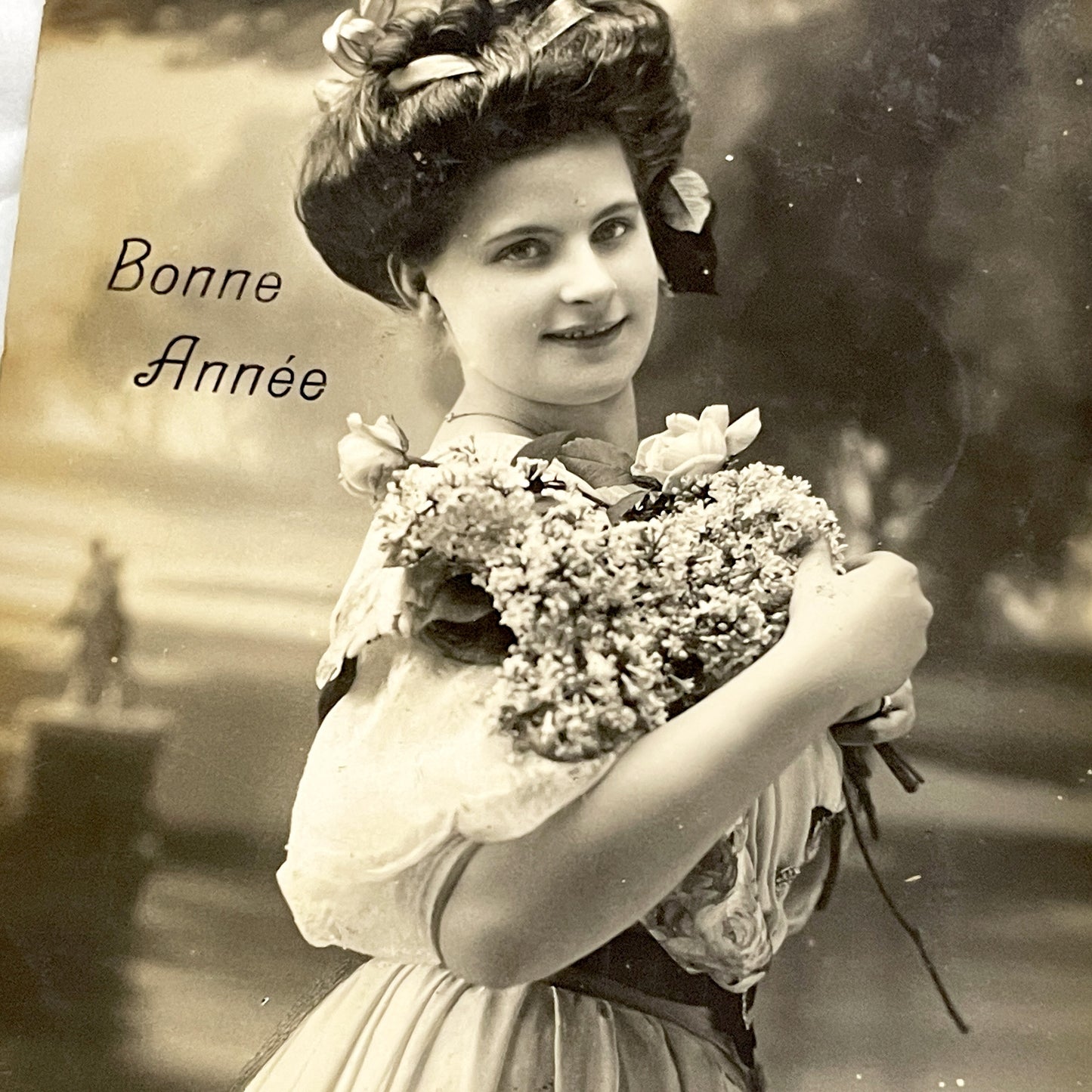 1910s - Vintage French Postcard - Elegant Woman - New Year Greeting Card - Sepia Tone - Floral Bouquet - Edwardian Era Charm