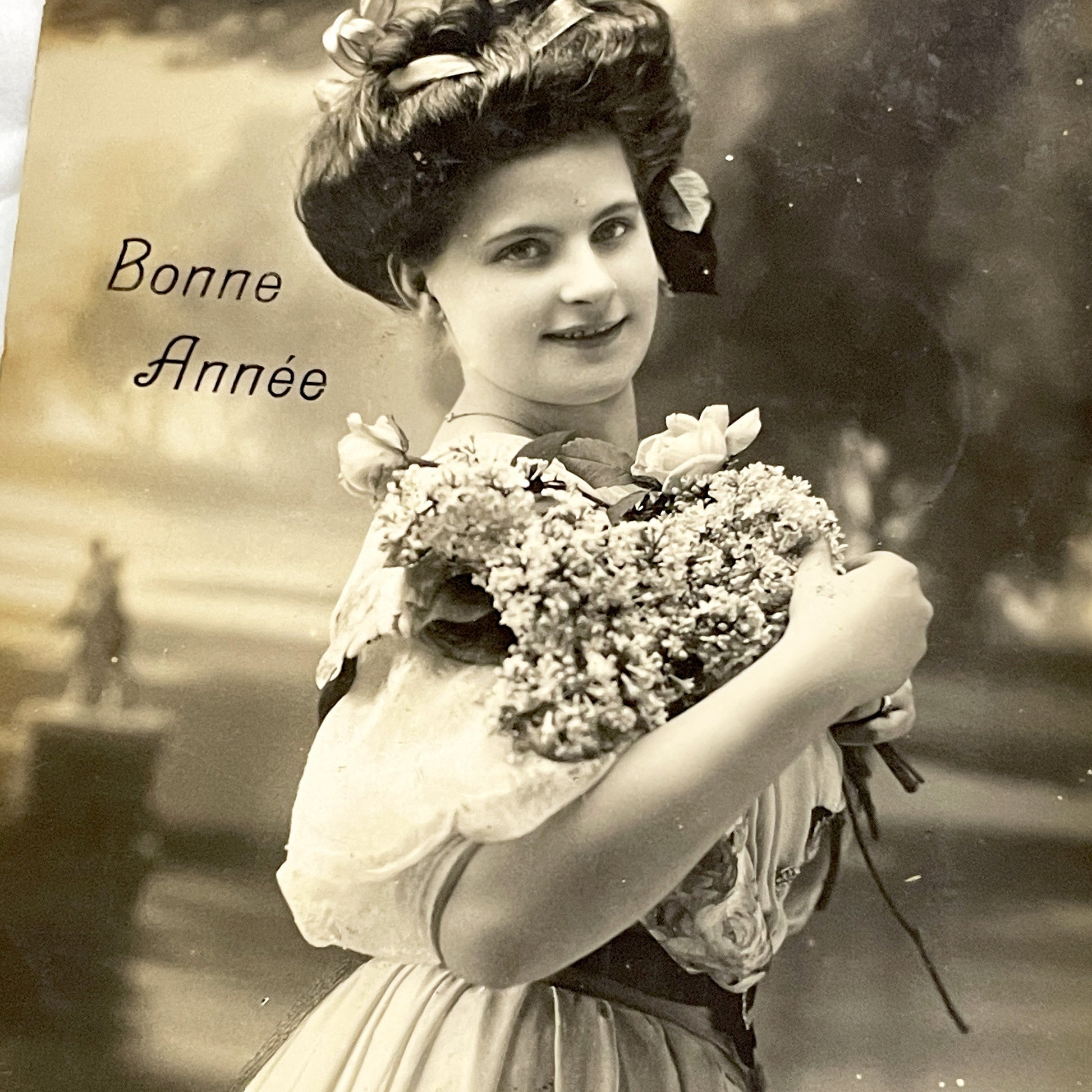 1910s - Vintage French Postcard - Elegant Woman - New Year Greeting Card - Sepia Tone - Floral Bouquet - Edwardian Era Charm
