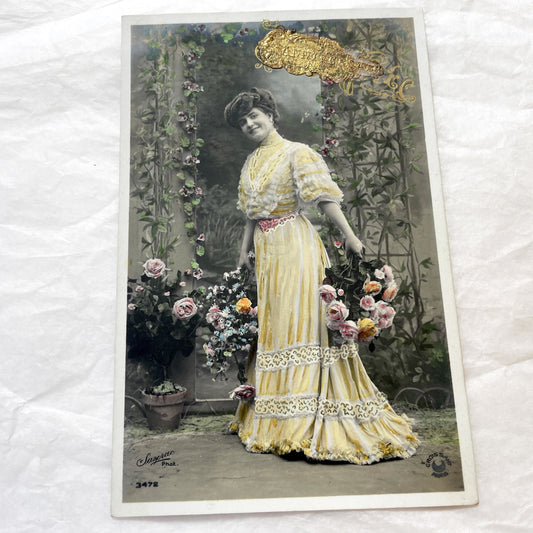 1900s - Belle Époque Hand Colored Postcard - Smiling Woman - Yellow Dress - Pink Roses - Gilded Glitter - French Croissant Paris