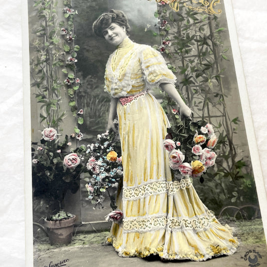 1900s - Belle Époque Hand Colored Postcard - Smiling Woman - Yellow Dress - Pink Roses - Gilded Glitter - French Croissant Paris