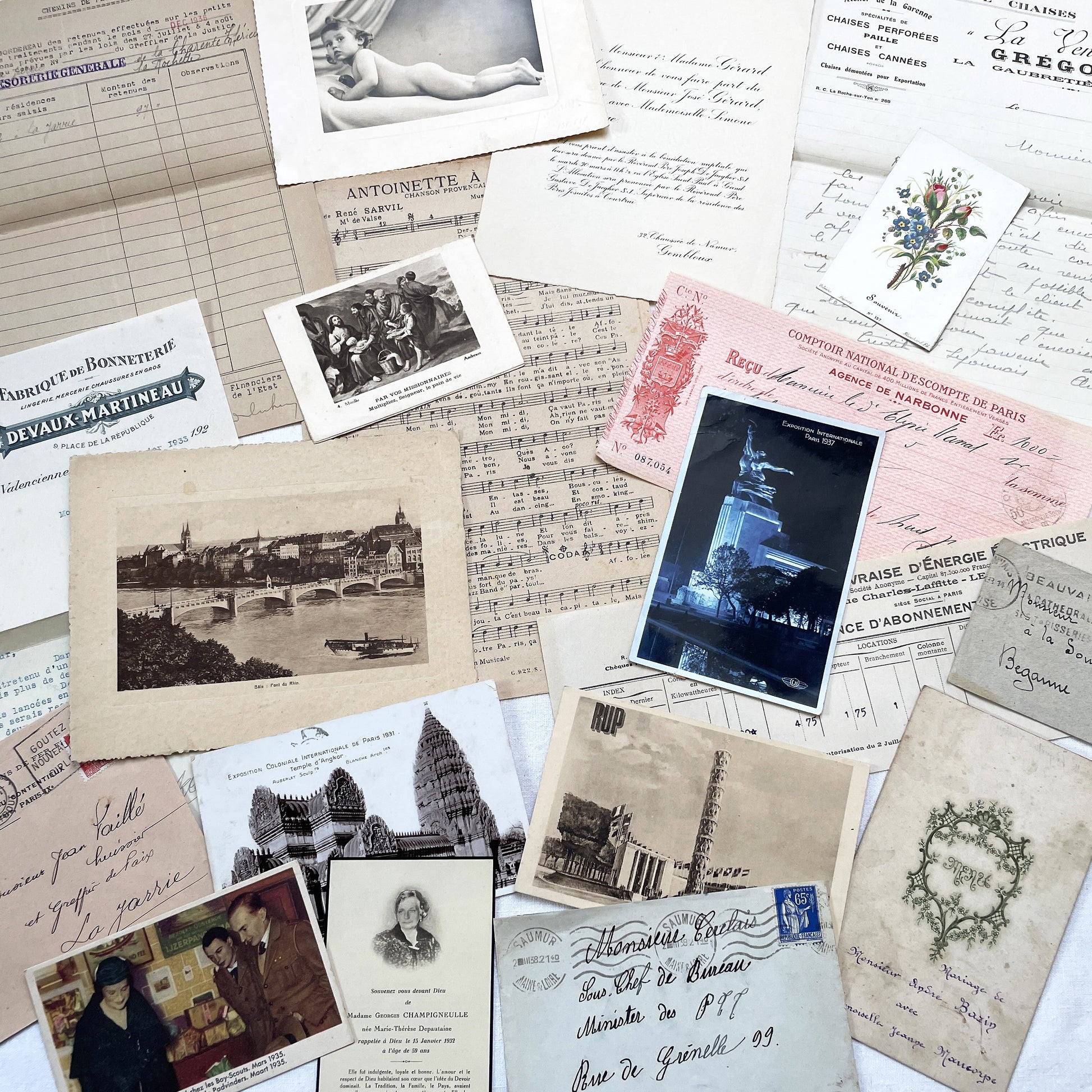 1930s - French Ephemera Lot - Vintage Paper Pack for Junk Journaling and Scrapbooking - Antique Letters, Postcards, Photos, & Invoices