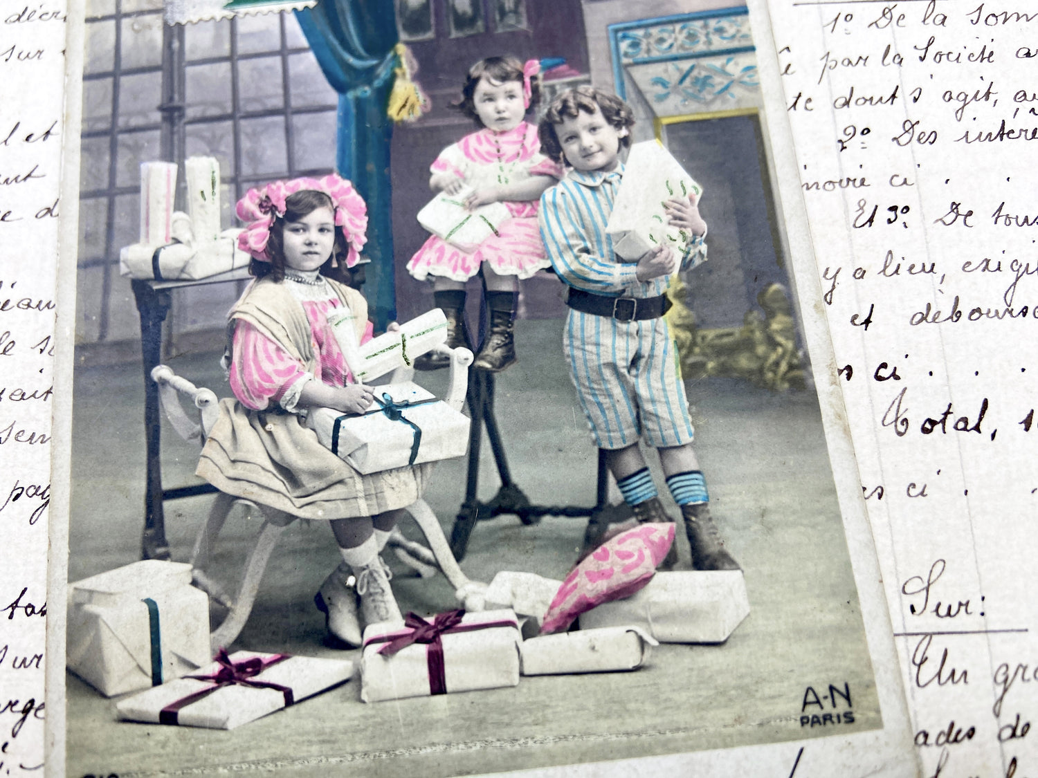 1900s - Antique French Postcard - Charming Children Receiving Gifts - Hand-Tinted Festive Scene - Paris Ephemera Art - Old Gourmands Card