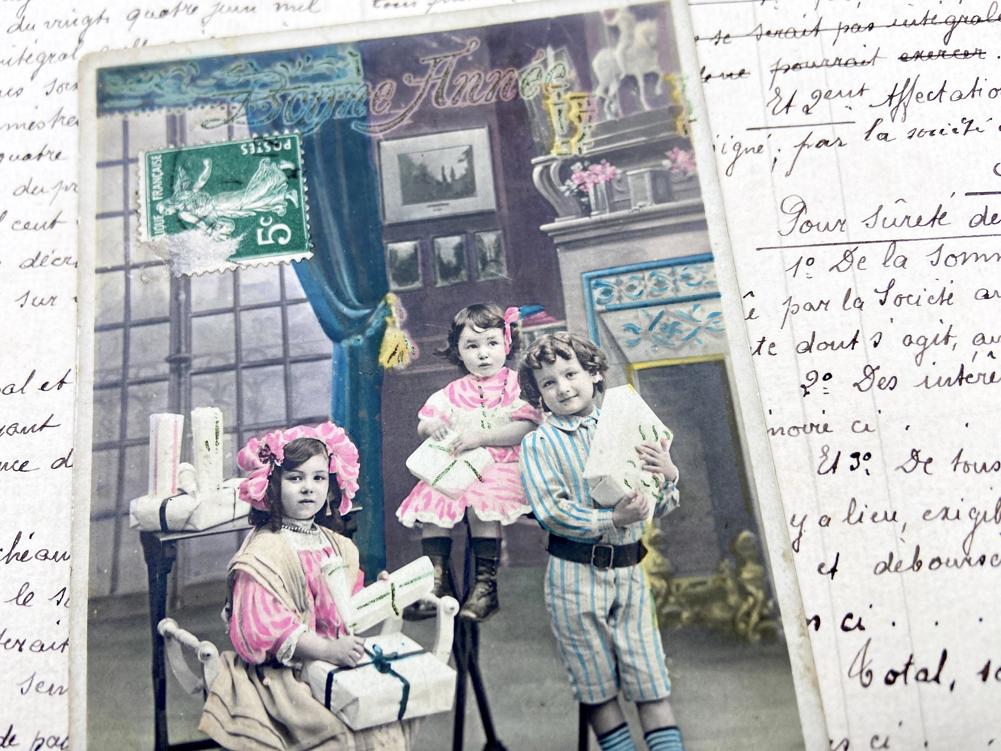 1900s - Antique French Postcard - Charming Children Receiving Gifts - Hand-Tinted Festive Scene - Paris Ephemera Art - Old Gourmands Card