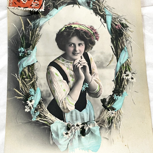 1910s - Antique Hand-Colored French Postcard - Charming Young Woman Portrait in Wheat Wreath - Elegant Friendship Theme Vintage Ephemera