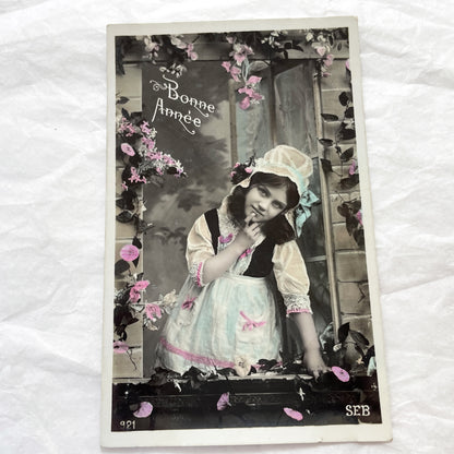 1900s - Antique French Bonne Année Postcard - Hand-Tinted Portrait Of Thoughtful Young Girl In Traditional Dress - Early 20th Century Charm