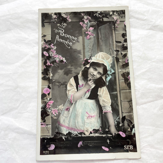 1900s - Antique French Bonne Année Postcard - Hand-Tinted Portrait Of Thoughtful Young Girl In Traditional Dress - Early 20th Century Charm