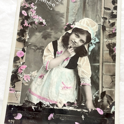 1900s - Antique French Bonne Année Postcard - Hand-Tinted Portrait Of Thoughtful Young Girl In Traditional Dress - Early 20th Century Charm