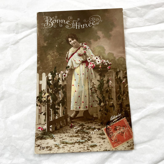 1900s - Vintage French New Year Postcard - Elegant Woman - Floral Theme - Hand-Colored Photo - Bonne Annee Greeting - Antique Ephemera