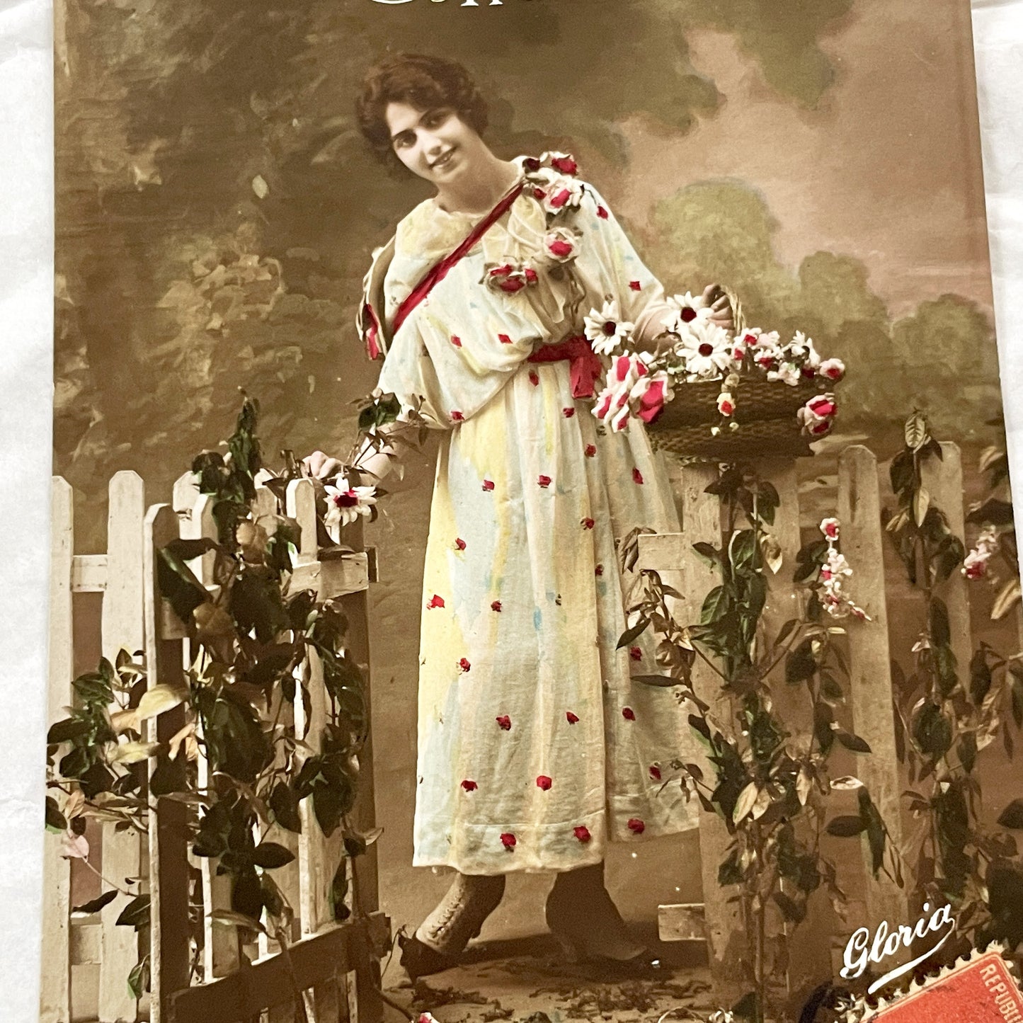 1900s - Vintage French New Year Postcard - Elegant Woman - Floral Theme - Hand-Colored Photo - Bonne Annee Greeting - Antique Ephemera