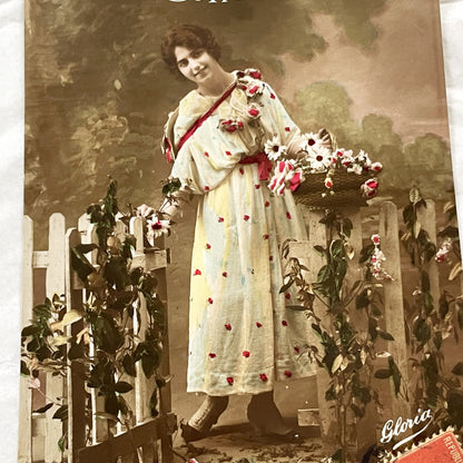 1900s - Vintage French New Year Postcard - Elegant Woman - Floral Theme - Hand-Colored Photo - Bonne Annee Greeting - Antique Ephemera