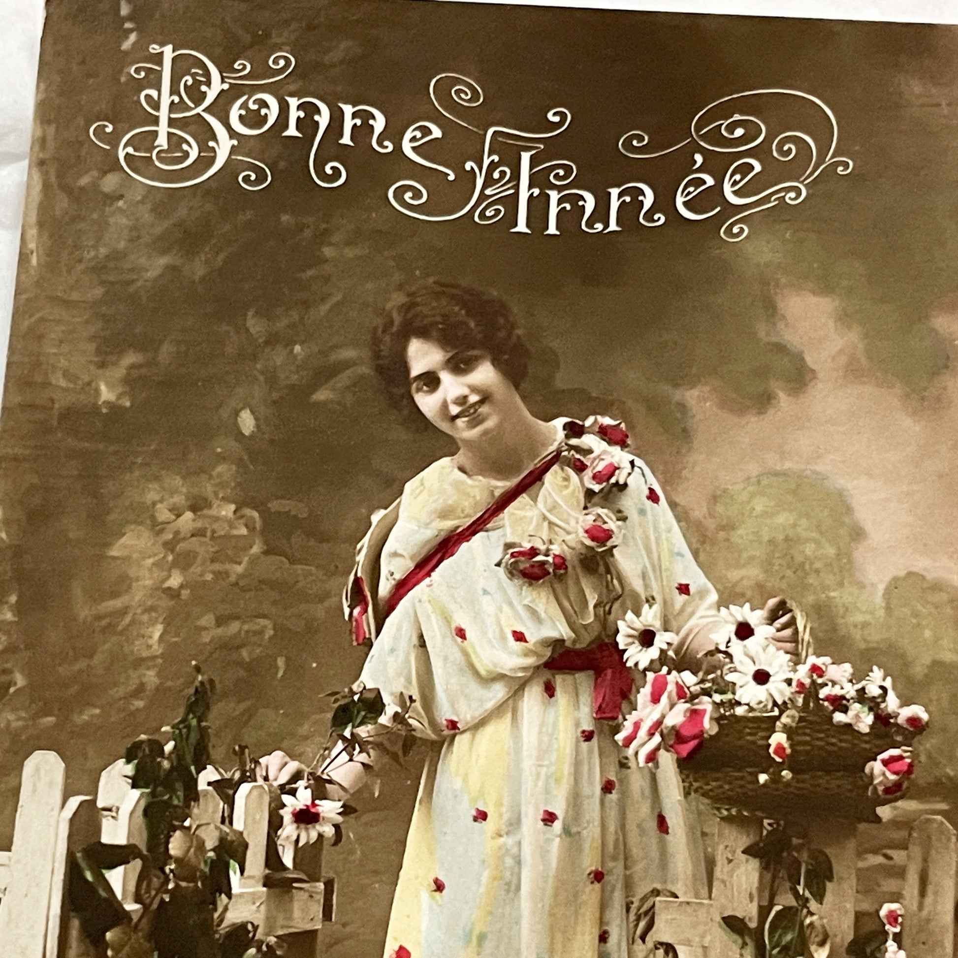 1900s - Vintage French New Year Postcard - Elegant Woman - Floral Theme - Hand-Colored Photo - Bonne Annee Greeting - Antique Ephemera
