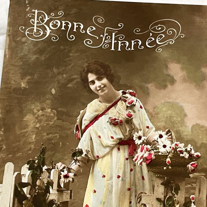 1900s - Vintage French New Year Postcard - Elegant Woman - Floral Theme - Hand-Colored Photo - Bonne Annee Greeting - Antique Ephemera